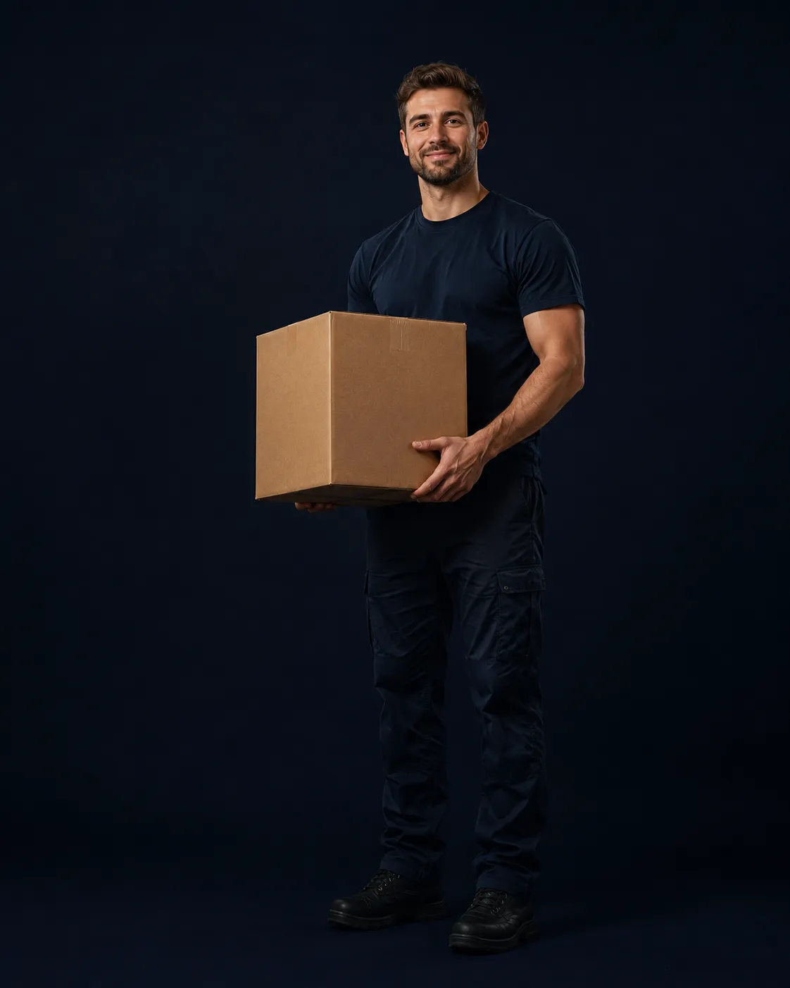 An Ace UK Removals mover holding a packed moving box