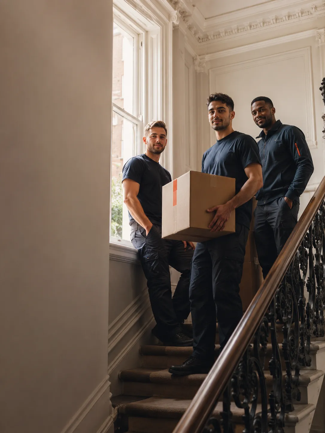 An Ace UK Removals crew carrying boxes on a London move